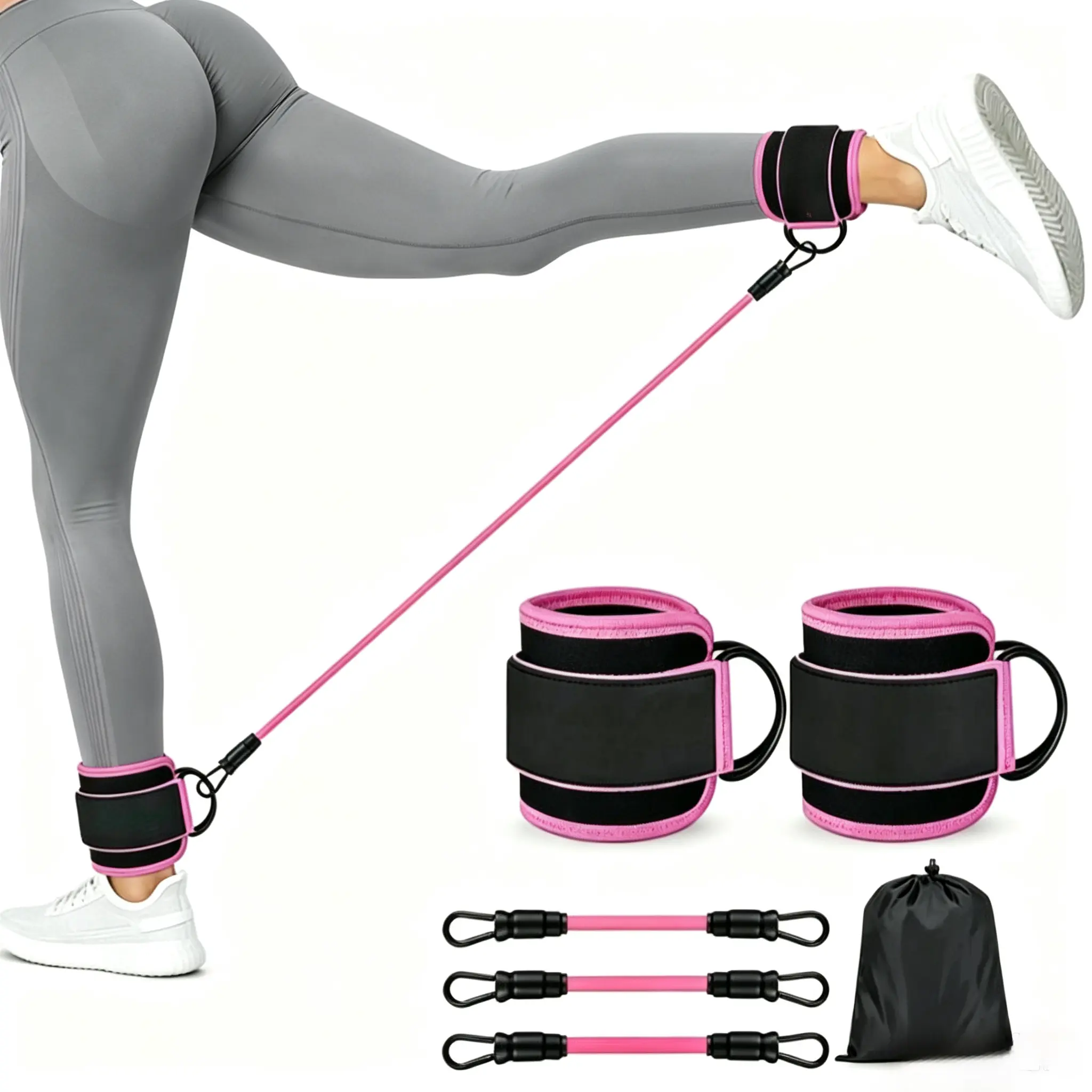 Lower Body Strength Training Equipment Kit, Elastic Set with 3 Resistance Bands & Adjustable Padded Ankle Cuffs, Portable Home Gym Gear for Leg, Hip & Glute Muscle Training