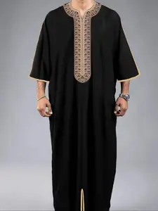 Muslim Men's Thobe Moroccan Style Ethnic Embroidered Islamic Clothing, Traditional Arabic Robe, All-Season Wear, Holiday Gift, Prayer Abaya