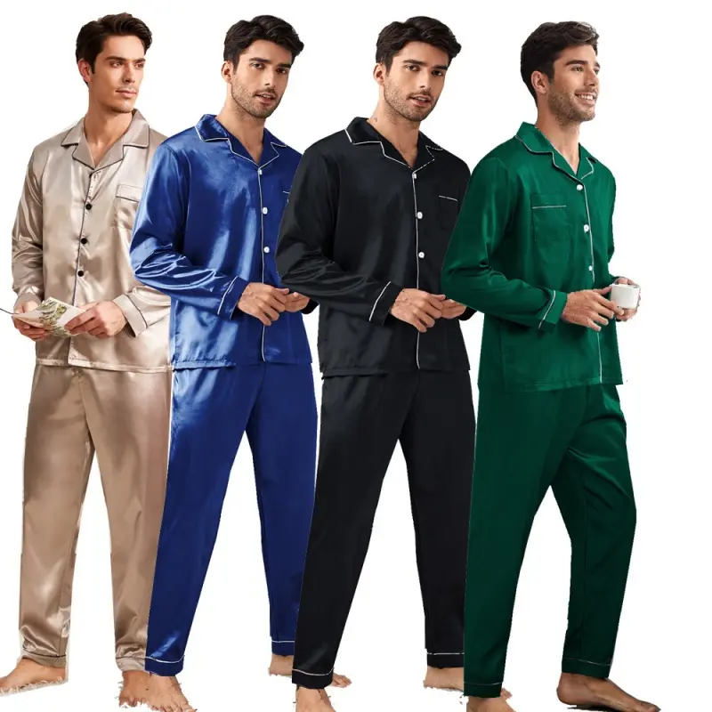 Men's 2-Piece Soft Satin Pajama Set, Long Sleeve Button-Down Menswear, Simple Plain Casual Loungewear Sleepwear