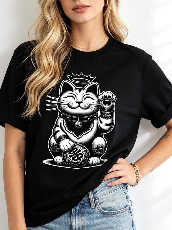 Women's Soft Cotton Short-Sleeves Fitted Crew Neck Graphic Print Lucky Neko Cat Tshirt - Lightweight Beach Casual Top, Sohochic Black Kitty Cap Sleeve Women's T-Shirt