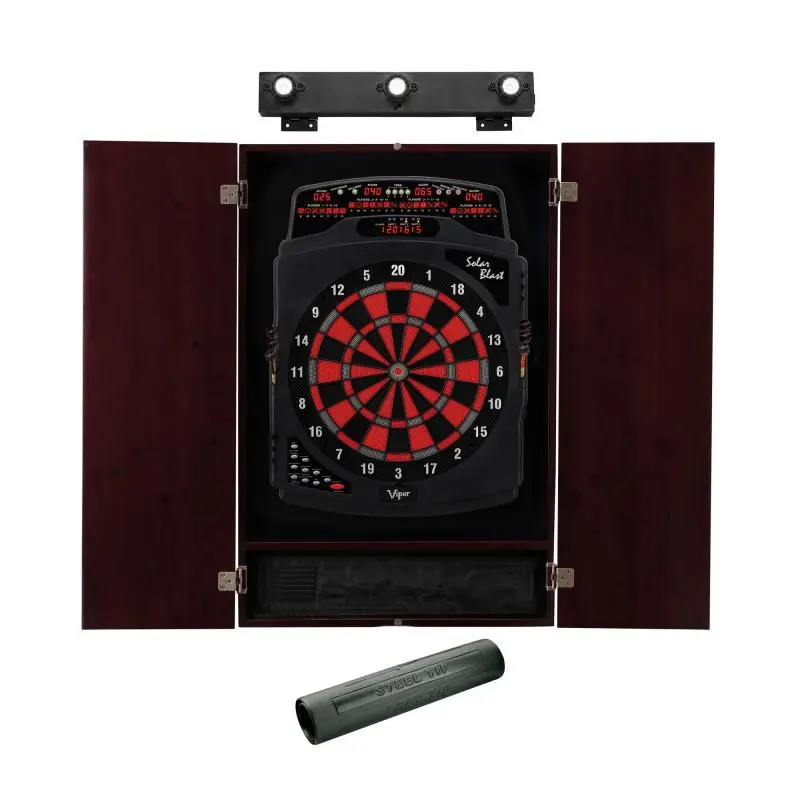 Viper Solar Blast Electronic Dartboard Darts Gear Bundle with Metropolitan Mahogany Cabinet, Dart Mat, and Shadow Buster Dartboard Light