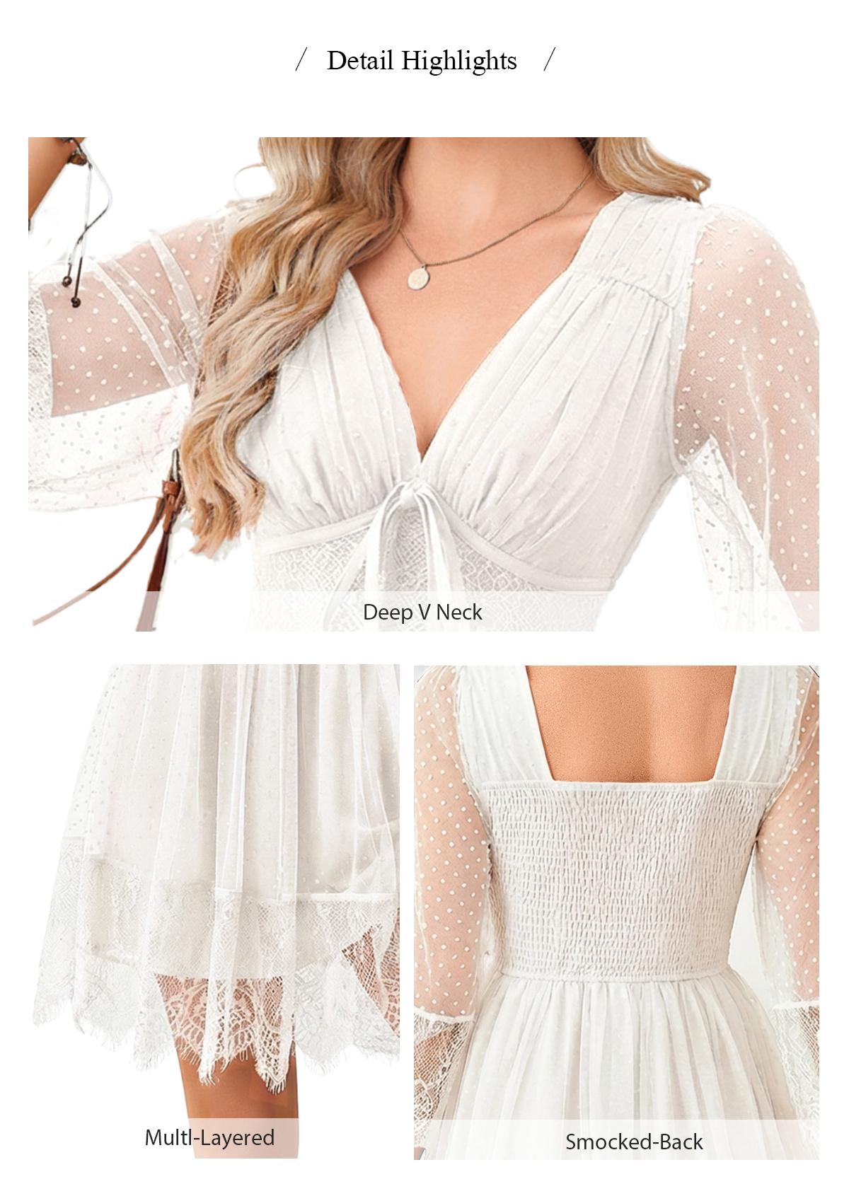 Florboom Women's Boho Sheer Lace Mini Dress – Deep V-Neck with Bow Tie & Ruffle Sleeves,Easter dress, Polka Dot Vintage Western Style Party Dress for Festivals & Date Nights Womenswear