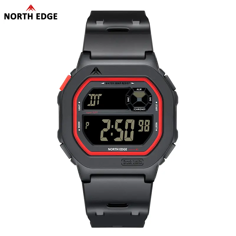 north edge Men's X1 Tactical Digital Male Watch, 41mm Small Square Dial, PU Leather Band, 50M - 100M Waterproof, Luminous Waterproof Alarm & Stopwatch, Comfortable for Extended Wear, Outdoor Sports Fashion Men's Watch, Mineral Glass, Snooze Function, Plas