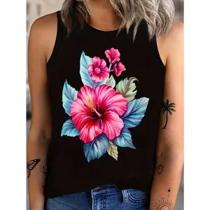 Women'S Tropical Hibiscus Tank Top - Vibrant Watercolor Floral Print, Sleeveless Summer Vacation Blouse with Medium Stretch, Casual Hawaiian Style Crew Neck Design, Everyday Summer Top | Vibrant Print Top | Medium Stretch Fabric, Ladies Summer Blouses