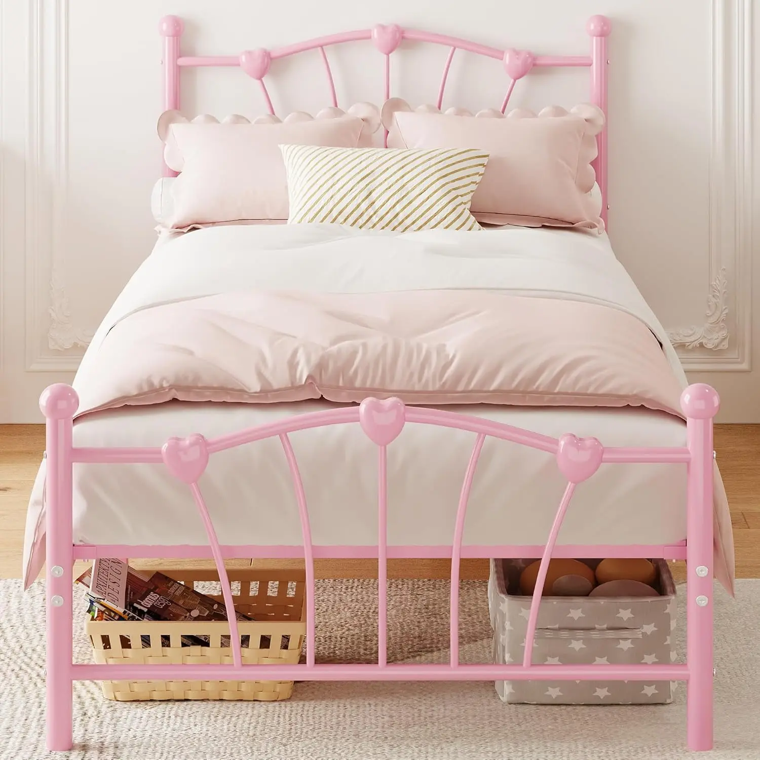 Gaomon Blush Pink Twin Size Sturdy Platform Storage Bed Frame - Metal Frame with Iron-Art Hearts Accents Headboard & Footboard, Under-Storage, Silent, Supports Up to 600 Lbs, Quick Setup, No Box Spring Needed, Furniture for Bedroom, Sturdy Platform Bed, R