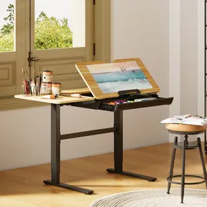 【TikTokShopBlackFriday】Electric Height Adjustable Drafting Table 48"x24", Tilting Art Desk with Storage Drawer & Foldable Side Table, Sit Stand Drawing Desk, Students, Home Office, Studio