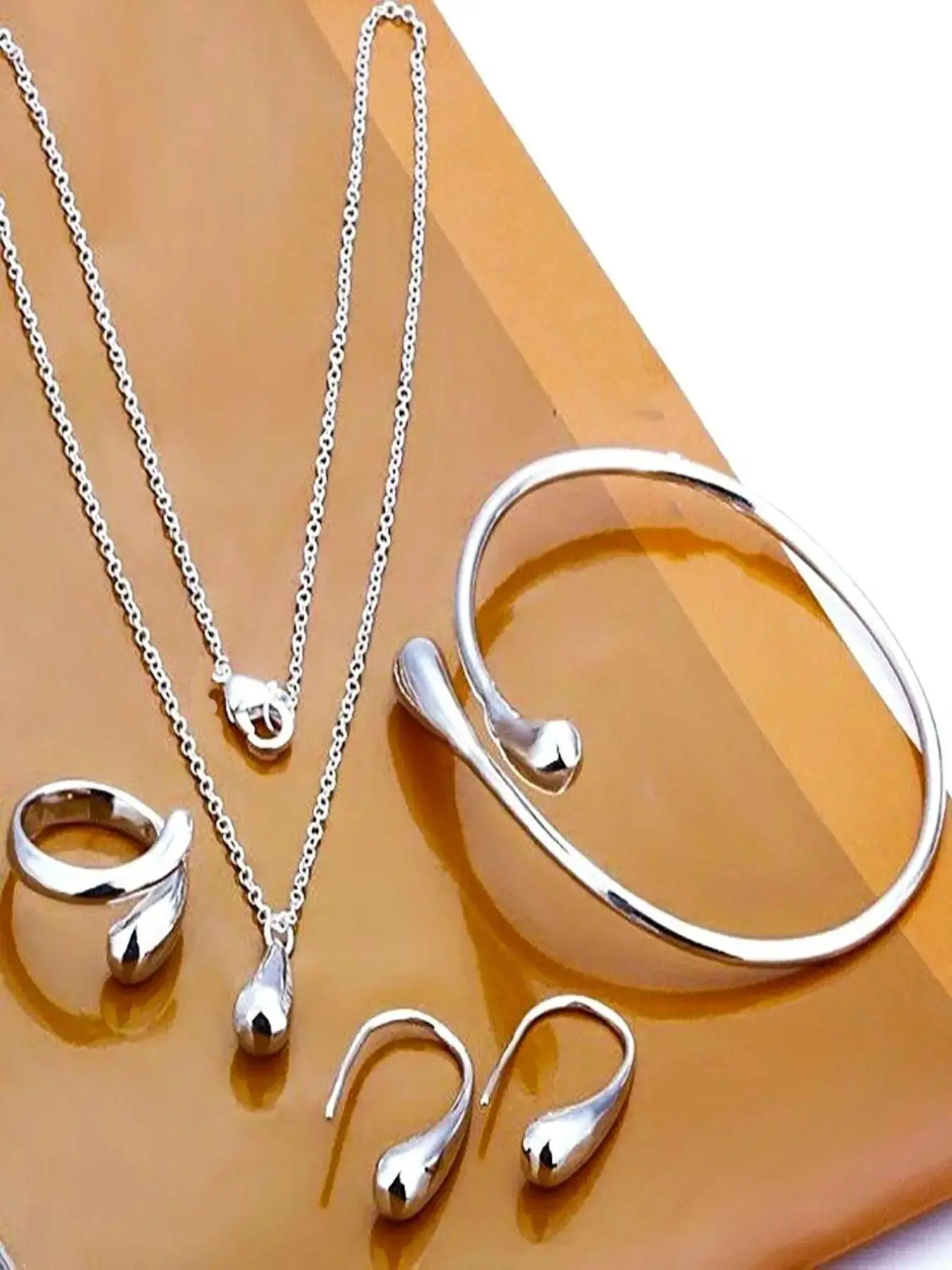 Water Droplet Design Alloy Jewelry Set, Includes Earrings Necklace Bracelet Ring, Stylish Gift for Women, Jewellery, Accessories Set