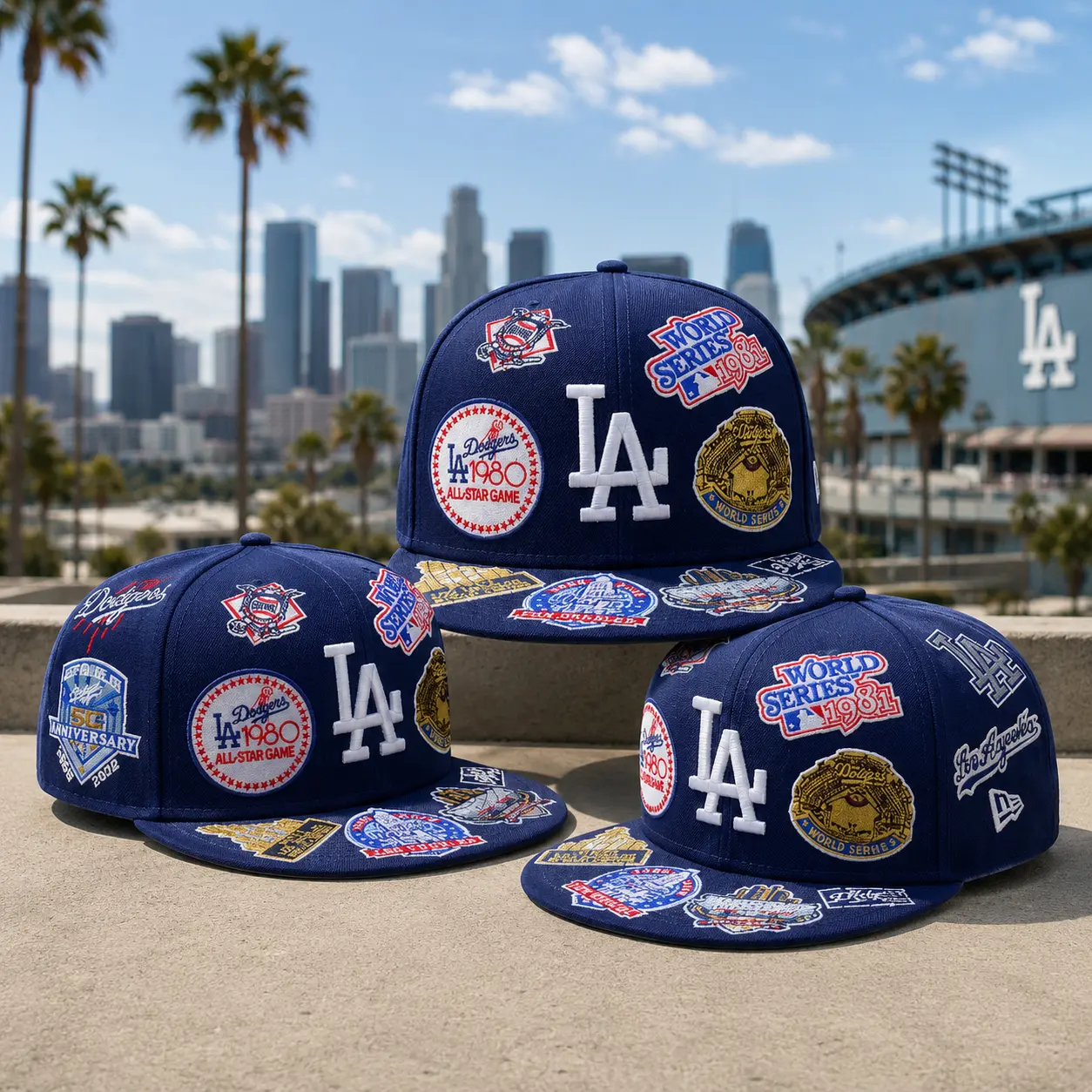 Los Angeles Dodgers New Era All Over Patch 59FIFTY Fitted Hat – Navy Flat Brim Cap, World Series Embroidered Collector Edition