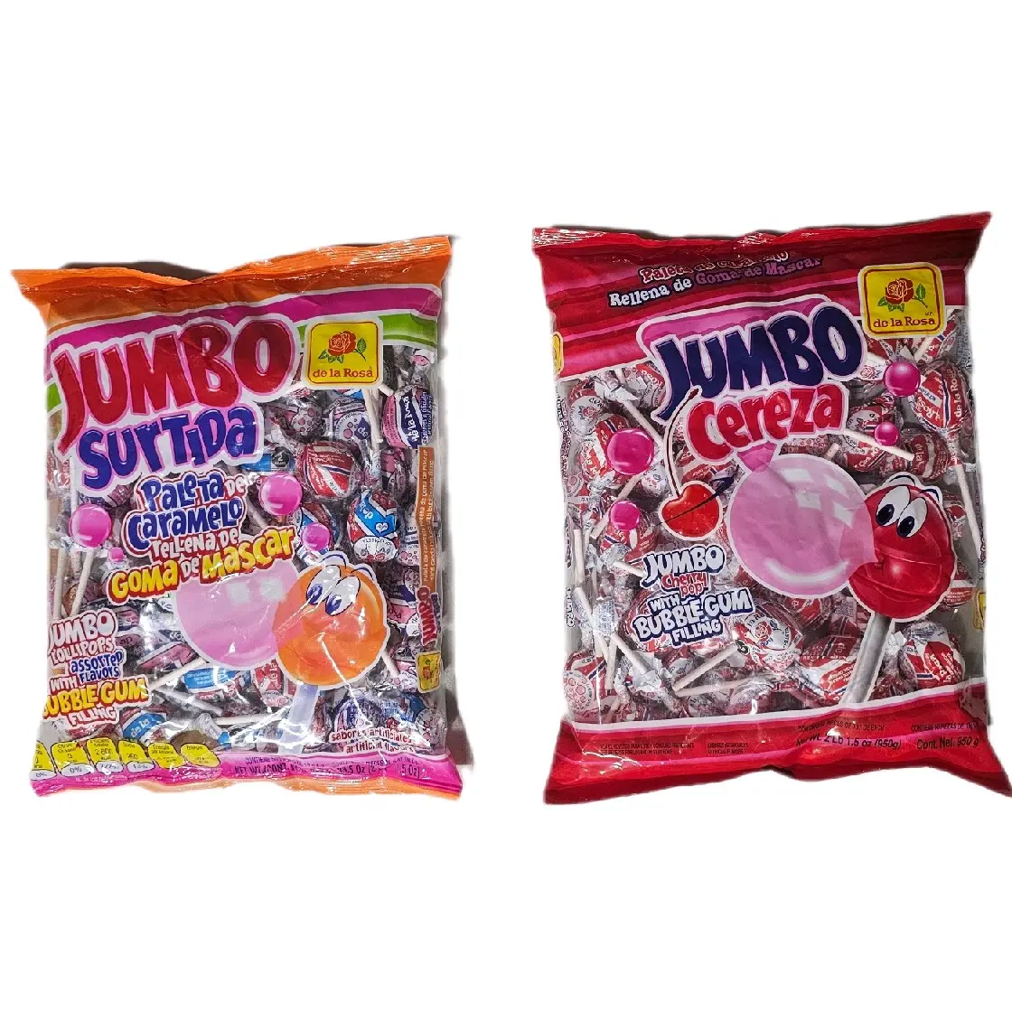 JUMBO CEREZA & SUERTIDA - Jumb Cherry Pop With Bubble Gum Filling / 50 Pieces bag /
