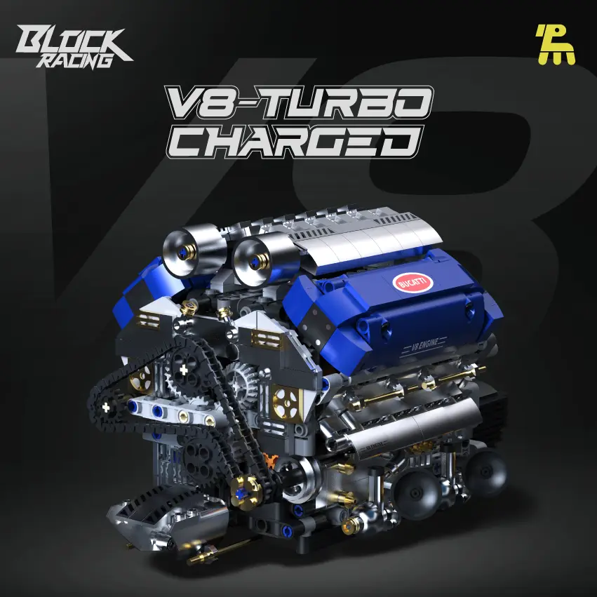 Motorized V8 Turbocharged Engine Building Block Kit, Working 4-Speed Gear Shift, Movable Piston & Timing Chain, Electroplated Chrome Bricks Mechanical Engine Model, Electric Drive Collectible Display Ornament Gift for Car Enthusiasts Adult Gearheads
