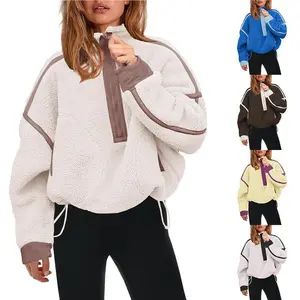 Women’s half-zip Sherpa wool pullover sweater with oversized long sleeves and pockets, casual hoodie, warm fuzzy sweater, suitable for everyday wear GARMENTARY