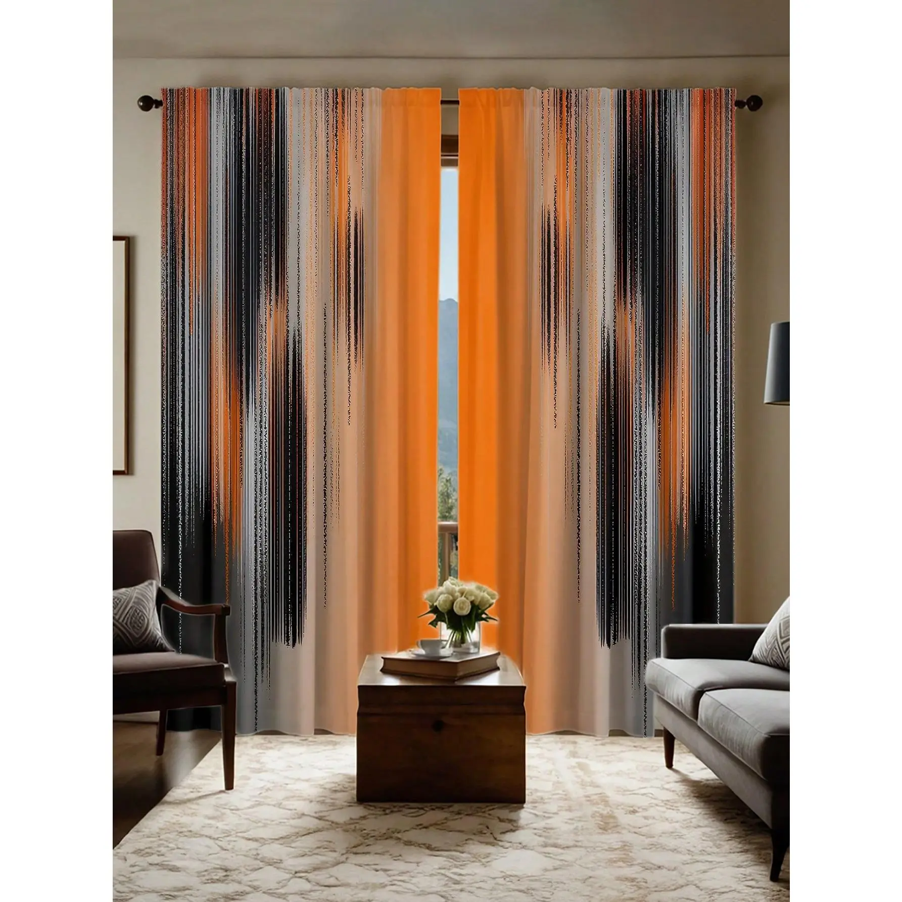 2pcs Modern Orange-Black Ombre Window Curtains, Distressed Rust Design, Easy Care, Rod-Pocket Simplifies Hanging, Curtains Living Room Decor, Interior Decoration Accessories, Ideal for Bedroom Use or Gifting