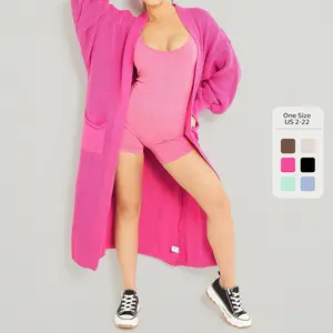 Longline Balloon Sleeve Cardigan (Fits US 2-22),Trendy Knitwear,Plain Open-Front Side Pockets Cardigan,Clothes Length 43.5" Womenswear Tops fitted striped