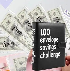 100 Envelope Challenge Binder – A5 PU Leather Savings Challenge Book with 100 PVC Cash Envelopes, Reusable Budget Planner to Save $5,050, Cash Stuffing Money Organizer for Home, Office & Travel (Black, Pink, Purple)