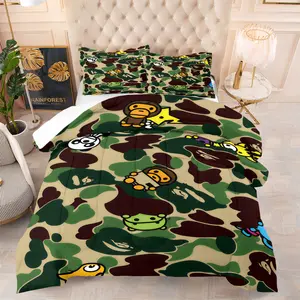 BAPE Mascot Print Comforter Set,1 Comforter and 1-2 Coreless Pillowcase.Adorable Cartoon Characters add a Lively and Fun Touch to the Camouflage Style, Making it Suitable for Decorating Boys and Teenagers Rooms