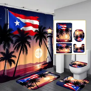 1pc/4pcs 2D Flat Puerto Rican Moonlit Lighthouse Pattern Multi-color Background Shower Curtain, Home Bathroom Art Decoration, Bathroom Supplies, Shower Curtain Set with 12 Hooks, Home goods