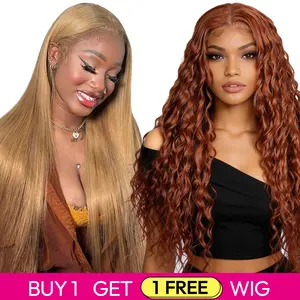 Buy 1 Get 1 Free! Blended Human Hair Lace Front Wig | 180% Density, Transparent Lace, #27 Straight & #350 Ocean Wave