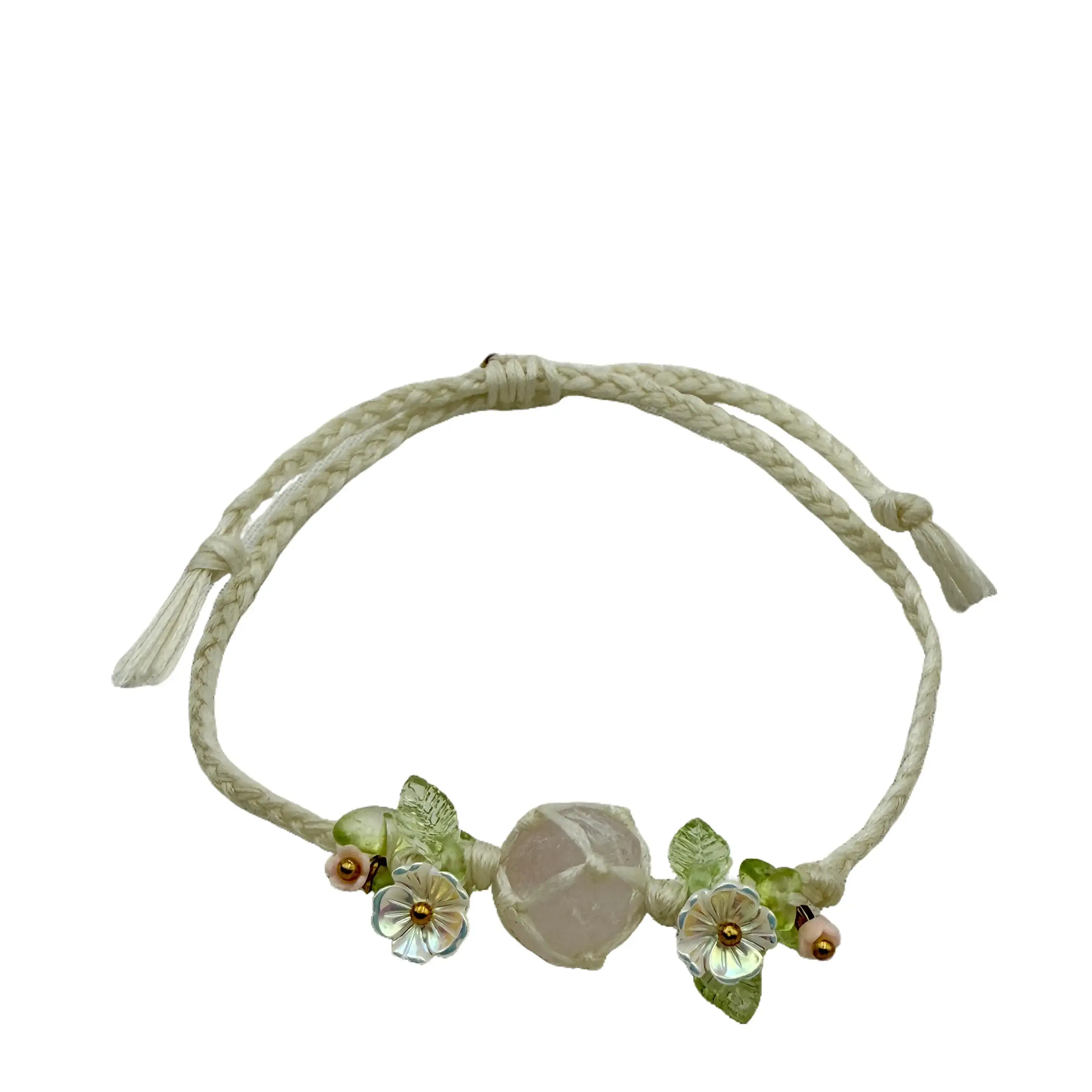 Rose Quartz Fairy Bracelet – Adjustable Braided Cord, Floral Accents