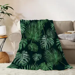 Tropical Large Plant Print Fuzzy Plush Flannel Throw Blanket - Soft, Decorative for Couch, Bed, Spring-Summer Gift