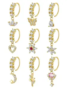 Women's Cz Heart Evil Eye Nose Ring Set, Star Flower Moon Leaf Design Jewelry, Elegant Rhinestone Accessories, Nose Piercing Jewelry for All Seasons