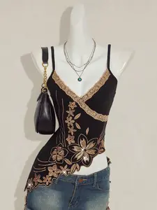 MALINDA Y2k Women's Black Glitter Fashion Elegant Sequin Floral Embroidery Asymmetric Hem Camisole