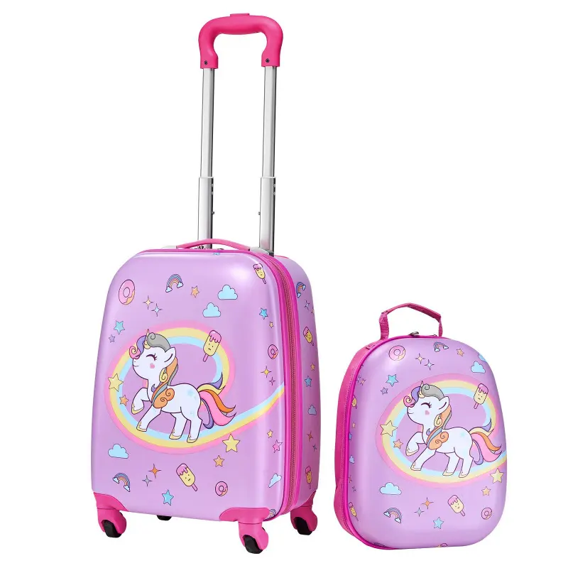 VEVOR Kids' 2-Piece Luggage Set, 18in Hardside Rolling Suitcase with Cute Unicorn Graphic, Spinner Wheels, Airline-Safe Carry-On & Hard-Shell Backpack, Lightweight, Grows with Child, Holiday Gift
