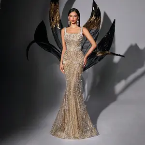 Champagne Square Neck Backless Mermaid Evening Gown Full Beaded Rhinestone Sleeveless Bodycon Formal Dress Elegant Floor Length Prom Gala Wedding Party Gown Adjustable Waist Tightness Womenswear summervibes
