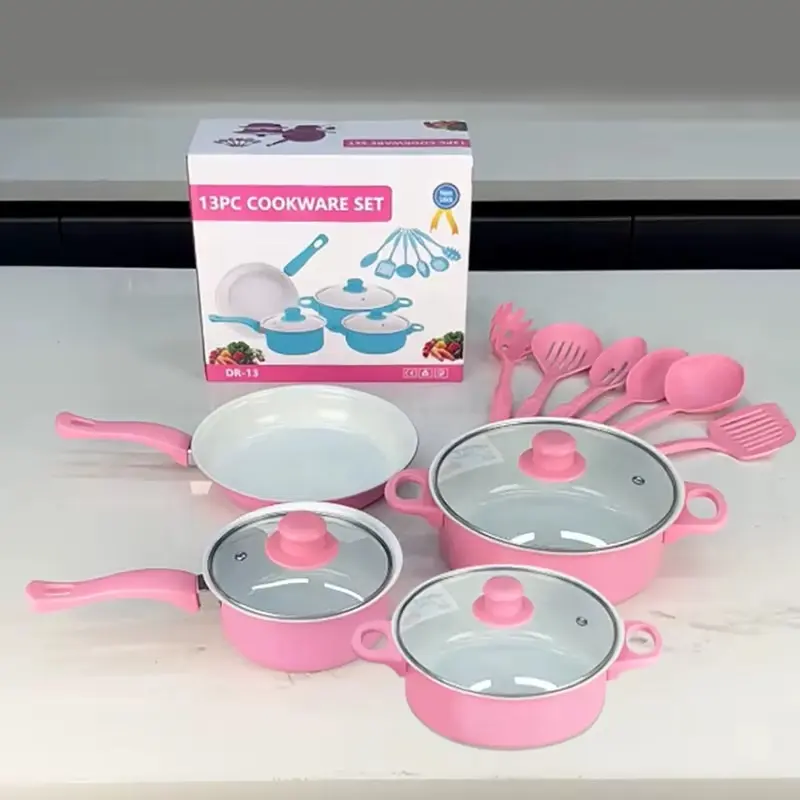 Pink 13-Piece Nonstick Cookware Set with Glass Lids and Matching Utensils