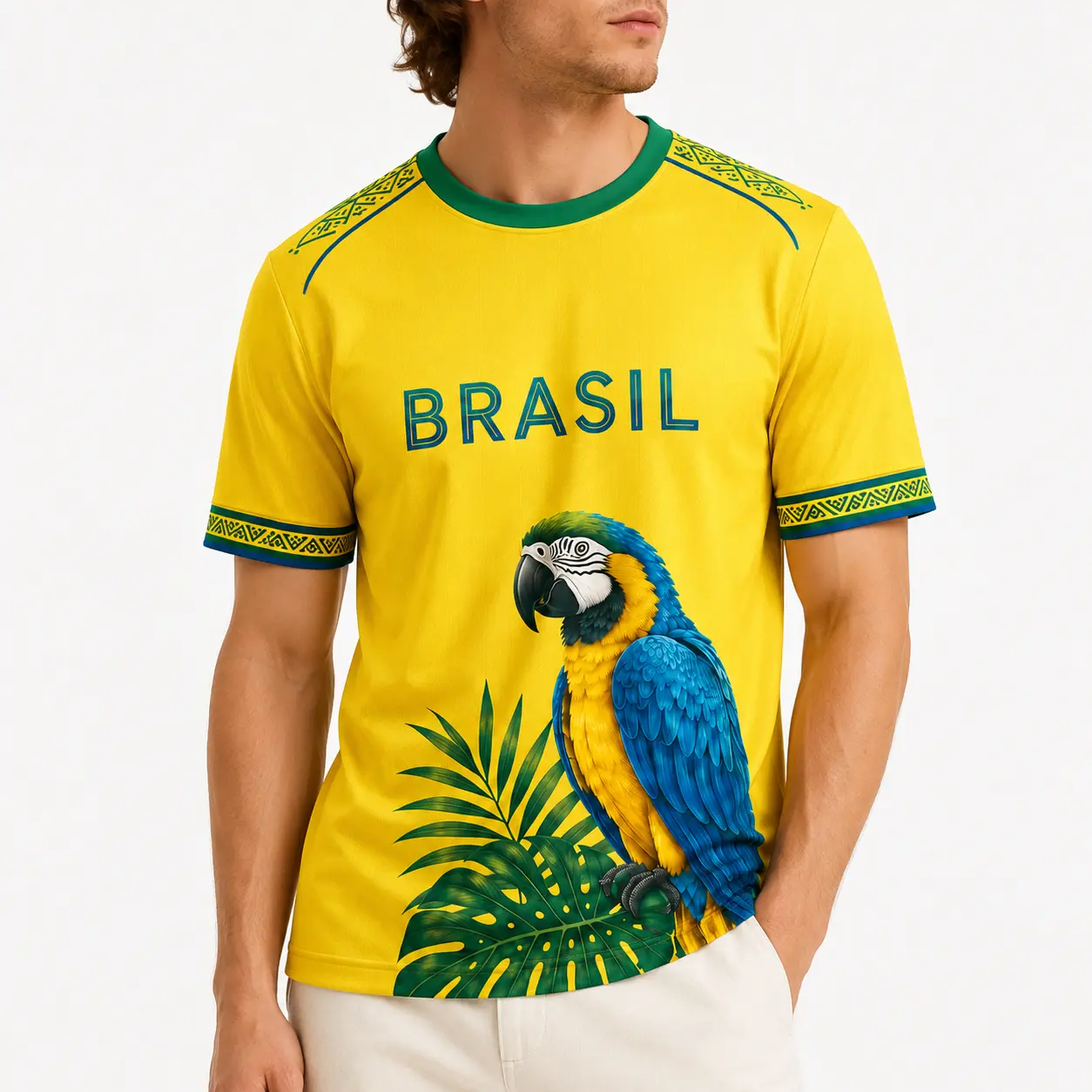 Brazil Soccer Jersey Men Yellow Shirt, Tropical Parrot Graphic Crew Neck Short Sleeve Breathable Football Fan Tee, Summer Game Day Outfit,Size S-5XL,clothes,outfits,men's wear,men fashion,summer men clothes,fashion men clothes Casual Sporty Top Fan Sports