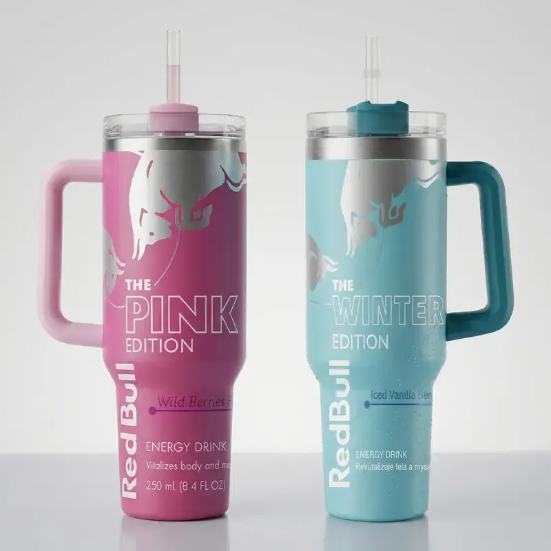 Red Bull Pink, Blue & White Edition 40oz Stainless Steel Tumbler With Handle and Straw | Stainless Steel Travel Cup | Gift for Energy Drink Fans