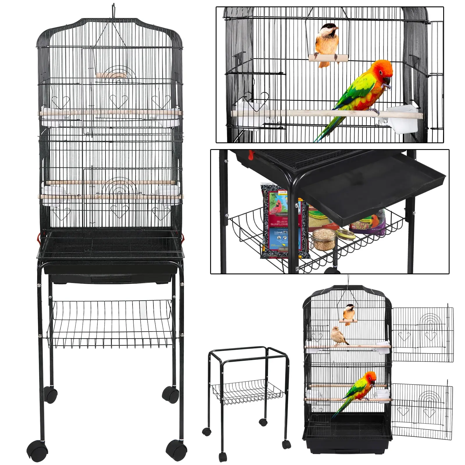 Segawe 59'' Durable Iron Parrot Cage, Wrought Iron Frame, Rolling Stand, Arched Door, Feeder Slots, Pet Enclosure for Cockatiel, Sun Conure, Durable Iron Cage