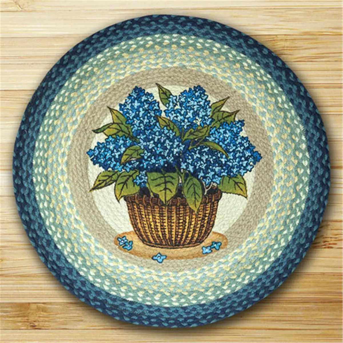 212 MAIN Round Floral Jute Rug, 27 Inch Hand Stenciled Blue Hydrangea, Biodegradable and Eco-Friendly Accent Rug, Round Floral Rug
