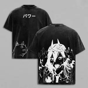 Power Chainsaw Man T-Shirt – Bloody Queen Vintage Washed Oversized Heavy Cotton Tee, Anime Manga Double Printed Graphic Top, Unisex Retro Streetwear Gift for Fans