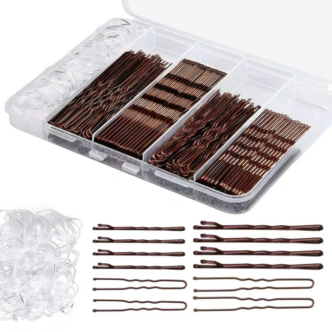 300 Pcs Bobby Pins Hair Pins Kit with Storage Box, 100 Brown Non - Slip Bobby Pins, 100 Invisible Hair Pins for Women and 100 Clear Hair Elastics, Lock in the Style for All Hair Types & Ages