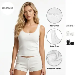 KatchMe LUMENNEST Women's Versatile Lace Trim U-Neck Sleeveless Crop Top & Shorts Co-ord, Elegant Solid Color Breathable Stretch Two Piece Set, Soft Daily Outfit