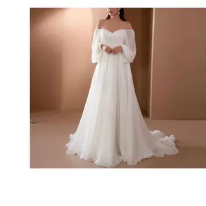 Women’s off-shoulder long-sleeve chiffon maxi dress in solid color for wedding parties, comfortable summer outfit