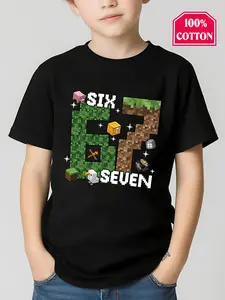 Six Seven 67 Kids T-Shirt, Pixel Game Block Graphic Tee, 100% Cotton Gaming Style Outfit for Toddler Boys Girls