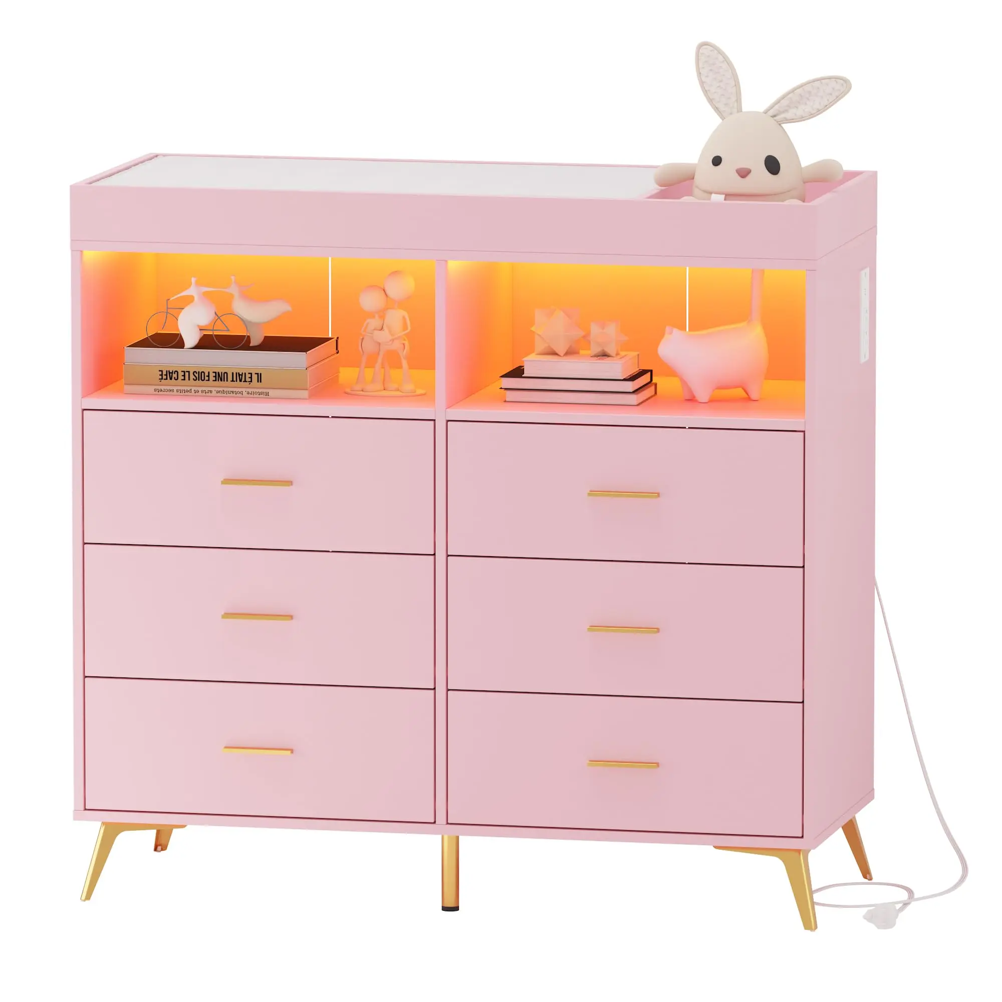 Garvee Baby Changing Table Dresser - 6 Drawers, Built-in LED Lighting, USB Charging Station, Power Outlet, Anti-Tip Straps, Changing Pad, 43.3in L x 17.71in W x 41.34in H Stable Storage Organizer for Nursery, Kitchen, Living Space