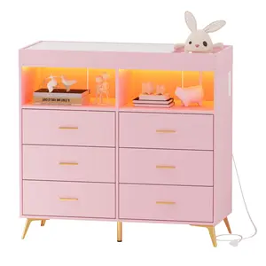 Garvee Nursery Changing Table Dresser - 6 Drawers, LED Lights, USB Charging Station, Power Outlet, Anti-Tip Straps, Changing Pad, 43.3" L x 17.71" W x 41.34" H Storage Organizer for Nursery Room
