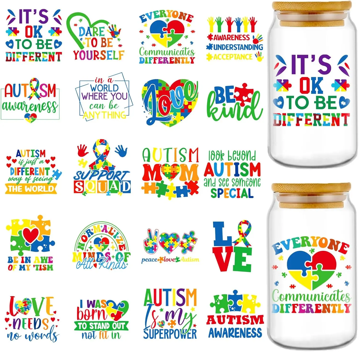 UV DTF Cup Wrap - 20 Sheets Autism Awareness UVDTF Cup Wraps for 16 oz Glass, Colorful Puzzle Decals for Mugs Water Botters, Waterproof Rub on Transfer Stickers, DIY Crafts
