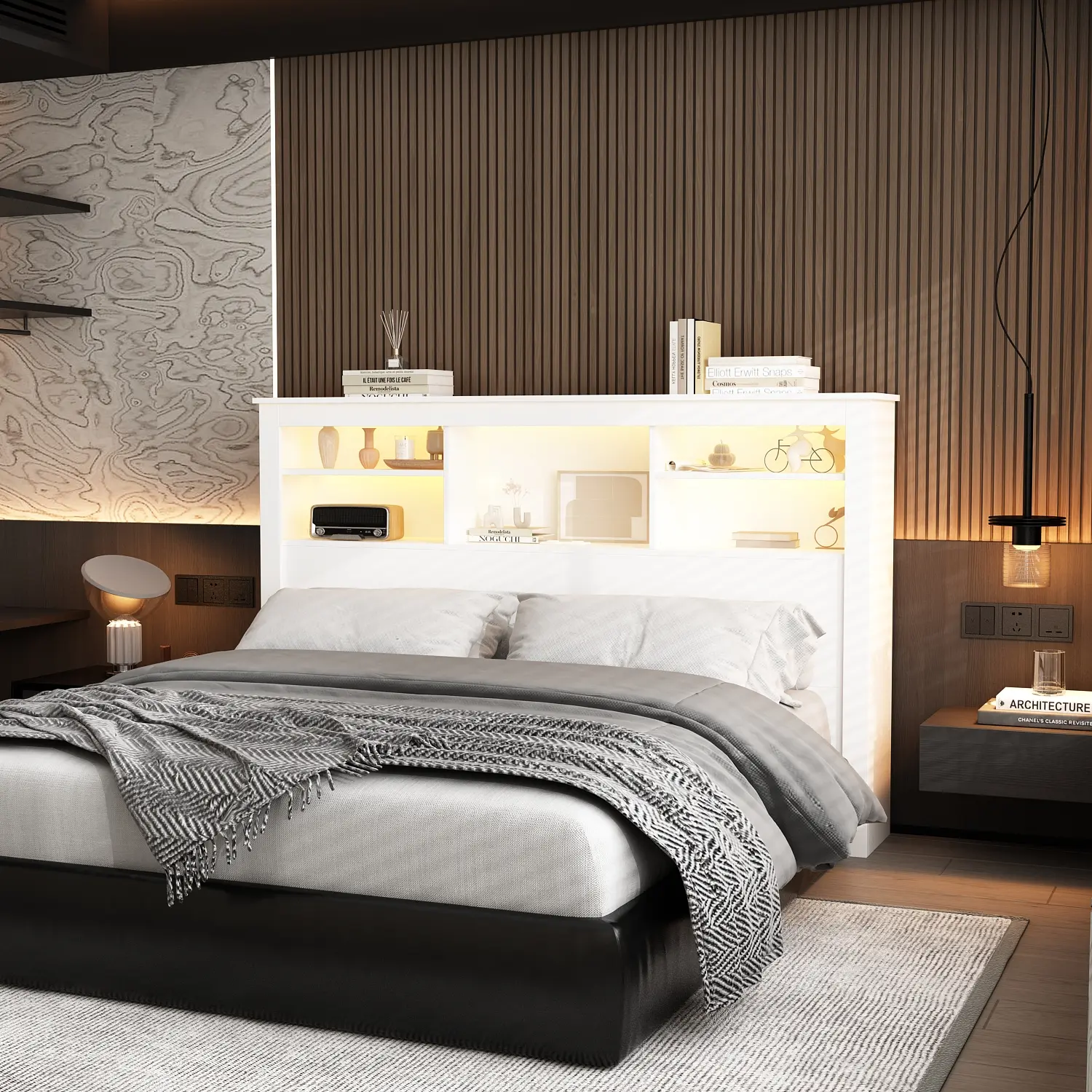 FUFU&GAGA Queen Size Bookshelf Headboard with Cord & Light Pass-Through Hole, Modern Interior Design Furniture for Bedroom Shelves & Racks