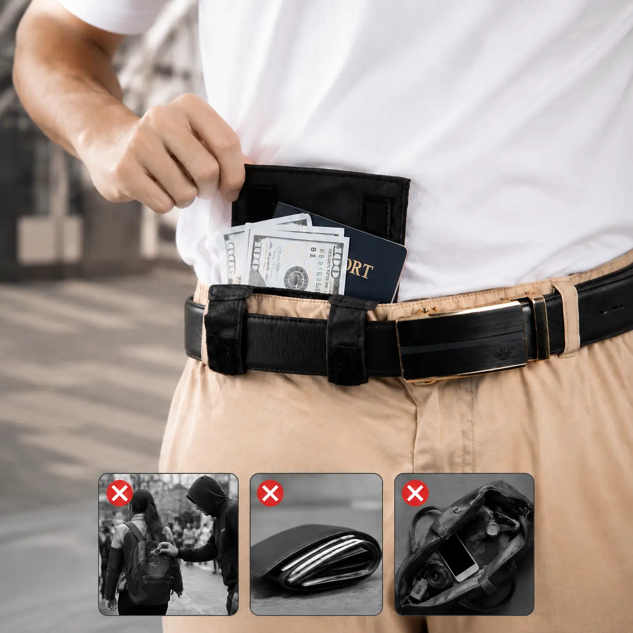 Anti-Theft Passport Pouch, Multifunctional Phone and ID Waist Pouch, Slim and Snug-Fitting Travel Document Pouch, Can Be Attached to a Belt