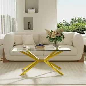 Glass Coffee Table for Living Room, Modern Rectangle Coffee Table with Tempered Glass Top and Gold Chrome Legs, 39.37"