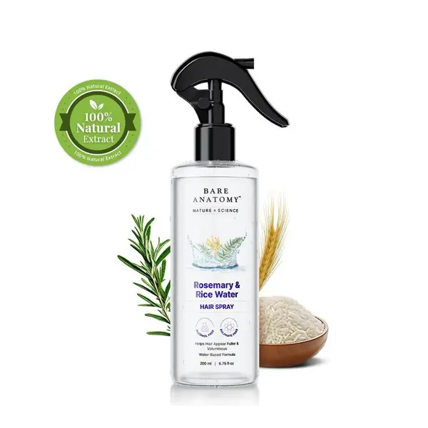 Bare Anatomy Nature x Science Rosemary Water Spray for Hair Growth & Hair Thickness with Rice Water |100% Natural Extract | Soft & Smooth Hair| Controls Hairfall| Non-Greasy & Fast Absorbing | 200ml
