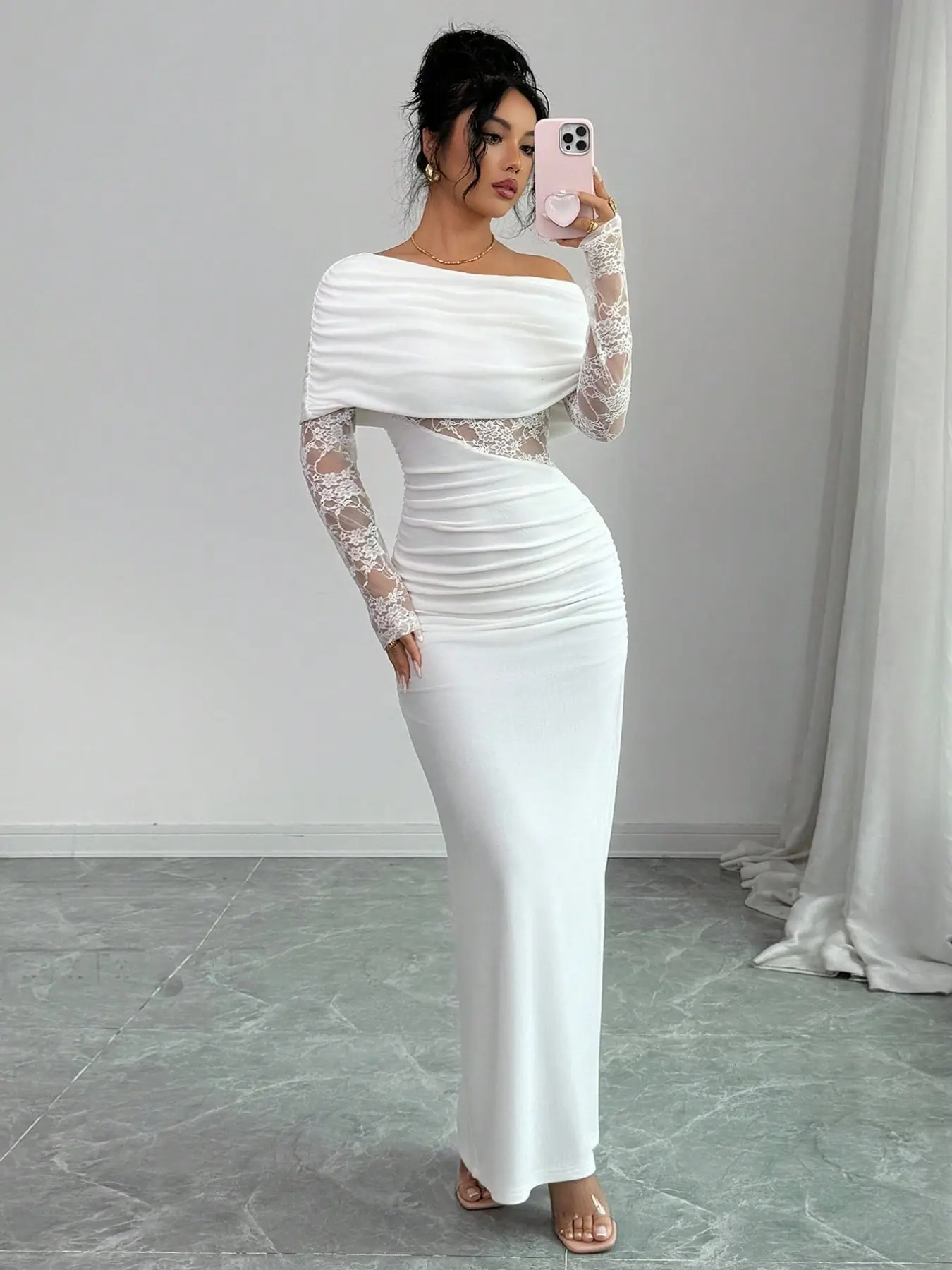 Elegant Aesthetic One-Shoulder Ruched Design Dress, Chic, Elegance, Lace Long Sleeve, Waist Cut-Out, Bodycon Pleated Skirt, Floor-Length, Party Gown, Evening, Formal Wear, Evening Event Clothing, Womenswear