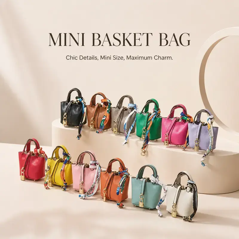 Mini Vegetable Basket Bag Pendant Keychain - High Quality Leather with Colorful Strap, Cute Car Keychain & Bag Charm Accessory