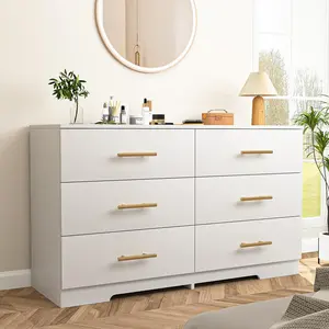 White 6 Drawer Dresser, Multi-Drawer Storage Cabinet, Modern Nickel Handle Dresser Cabinet for Bedroom, Distressed Antique White Dresser，Fluted Sideboard Cabinet with Gold Handles， Farmhouse Chic Wooden Dresser with Metal Handles