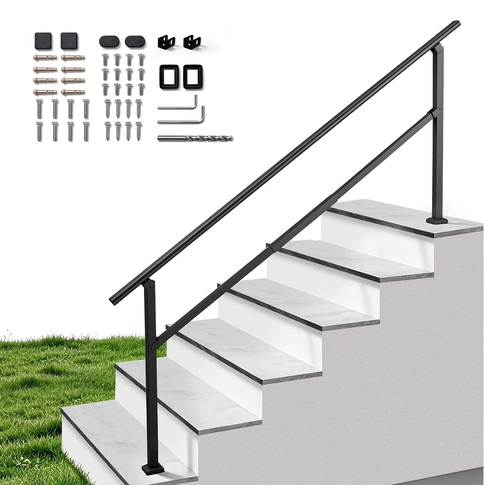 VEVOR Handrails for Outdoor Steps, 5-7 Step Stair Hand Rail Kit, Black, Square Tube Stair Rails for Seniors, Concrete Steps & Porch & Deck, Heavy-Duty Galvanized Steel Railings w/ Installation Kit