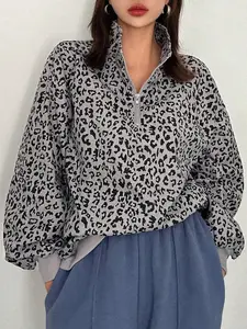 Women's Casual Zip Up Front Leopard Print Sweatshirt Loose Fit Oversized Fall Clothes Brown Woven Fabric Athletic Pullover Tops Women's Oversized Half Zip Fleece Pullover