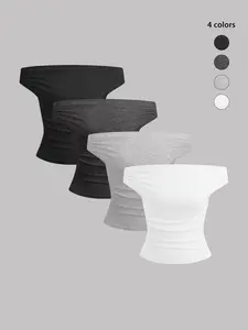 Women's Solid Off Shoulder Tee, Elegant Fashion Ruched Top for Daily Outdoor Wear, Ladies Clothes for All Seasons